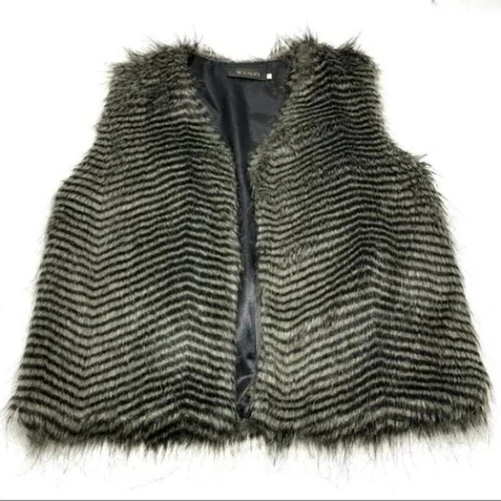 Wenxi Faux Fox Fur Black & Gray Striped Fully Lined Vest Size Medium